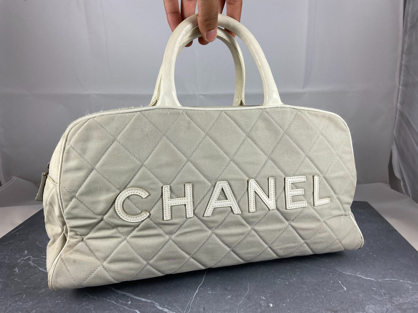 Chanel Bowling Bag Grey Quilted Canvas