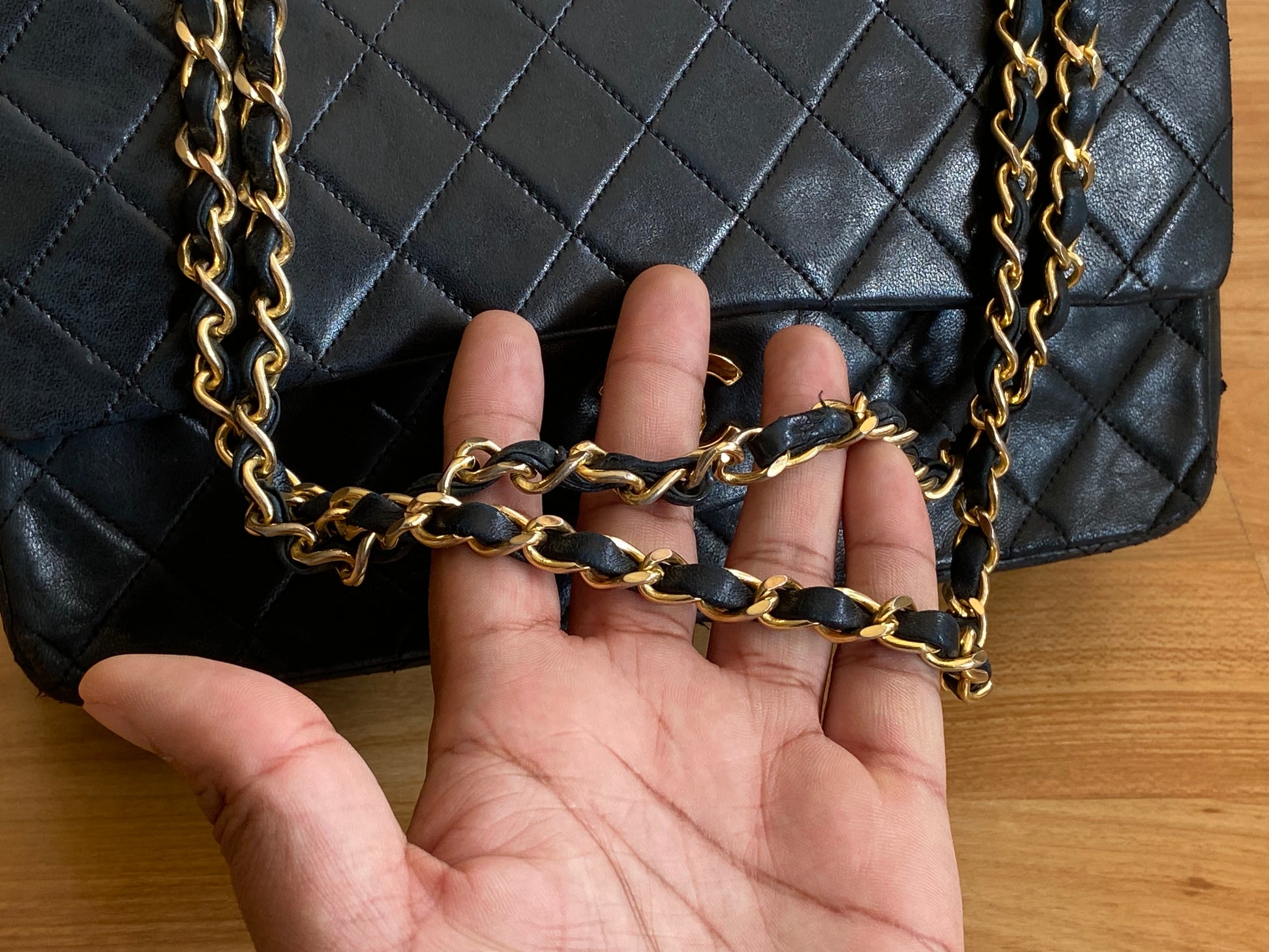 CHANEL 2.55 Double Flap 9 Chain Shoulder Bag Black Lambskin Quilt g72 –  hannari-shop